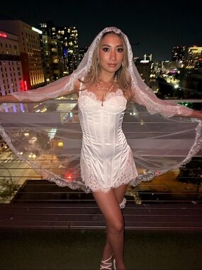 Finesse Ivory Lace-Trim Satin Corset Mini Dress